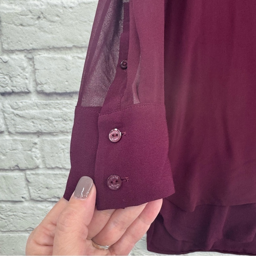 Vince Silk Blend Sheer Long Sleeve Burgundy Shift Dress Tunic Size 4 - Picture 4 of 16